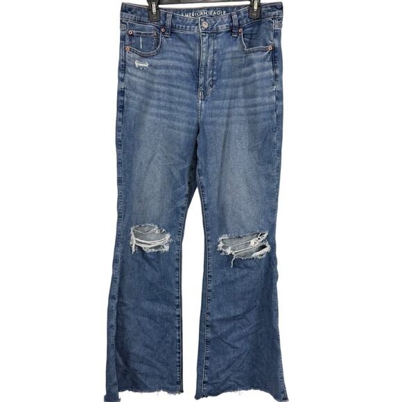 American Eagle Super High Rise Flare Medium Wash Next Level Stretch Jeans sz 14 - Picture 1 of 16